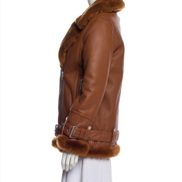 The Arrivals Moya Leather & Shearling Trim Jacket Brown- Size Large - Picture 4 of 13